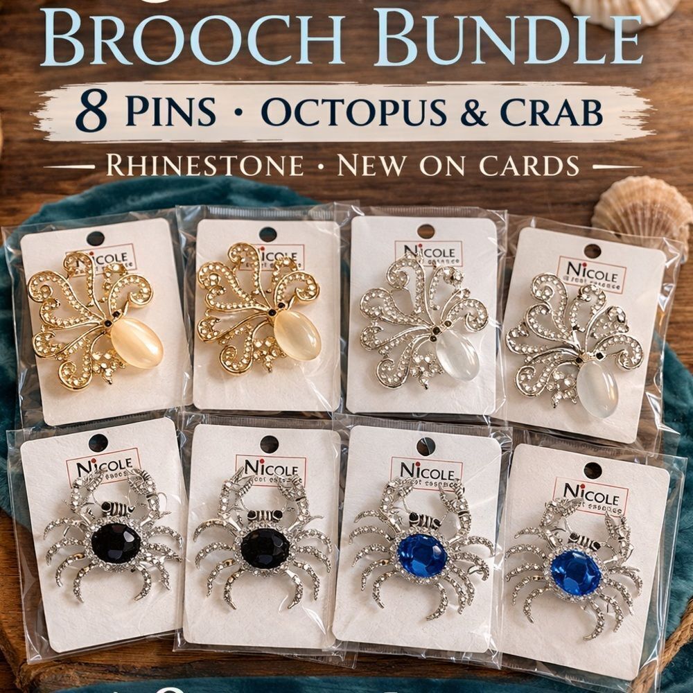 Coastal Brooch Bundle 🐙🦀 | Octopus & Crab Rhinestone Pins| 8pc Nautical Lot NE